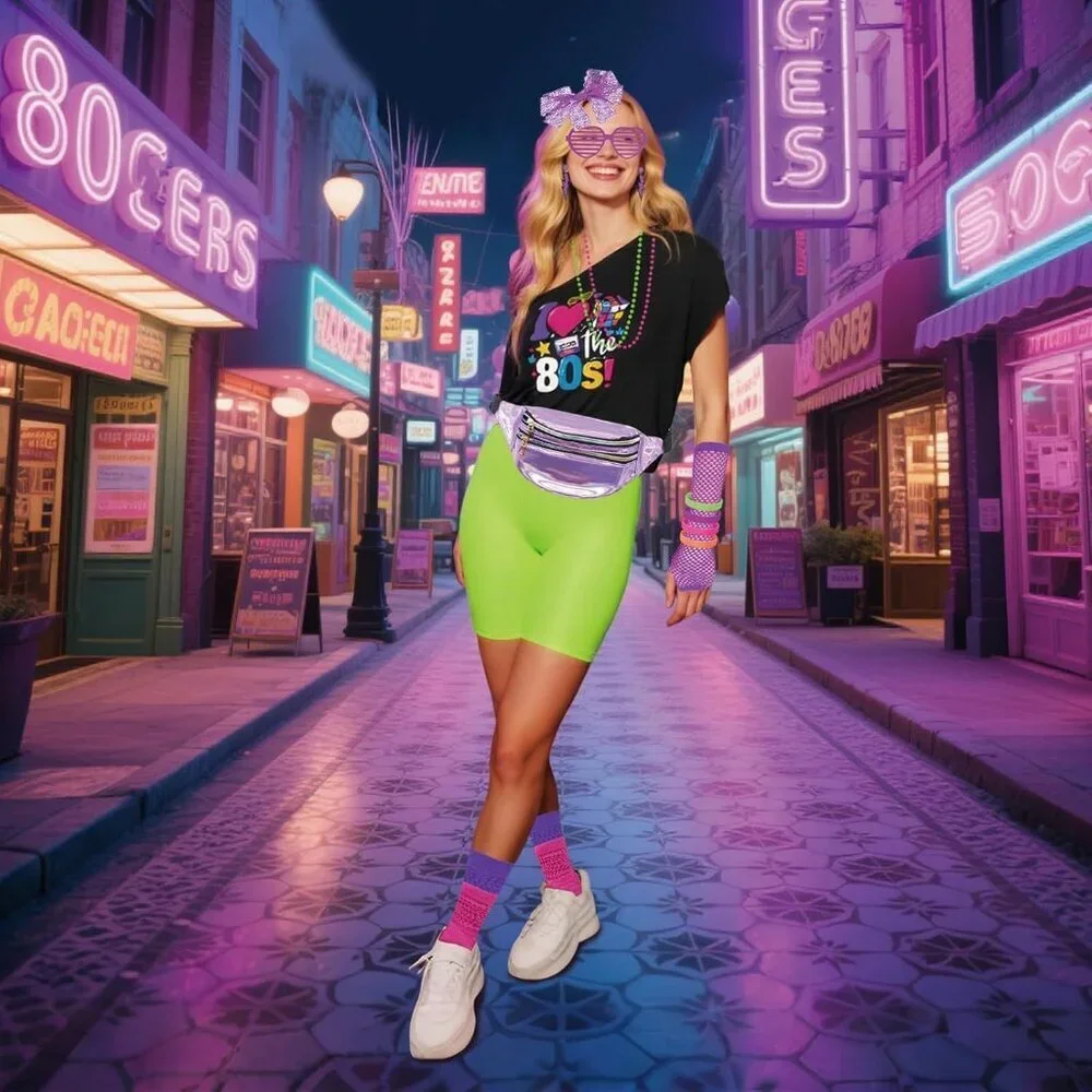 80s Accessories Costume Set for Women Neon Socks Fanny Pack Earrings
